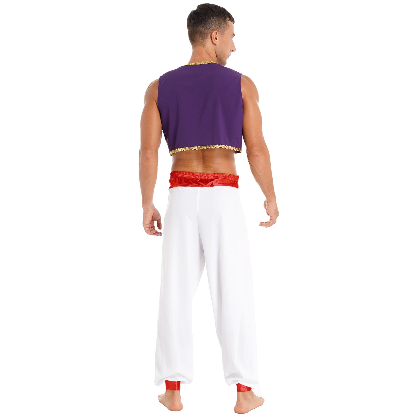 Mens Halloween Arabian Prince Costume Mythical Aladin Party Cosplay Fancy Dress Outfit Sequin Trim Waistcoat with Belted Pants