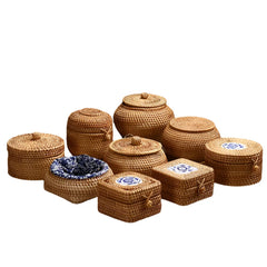 Handwoven Rattan Storage Box With Lid Candy Snack Jar Tea Food Container