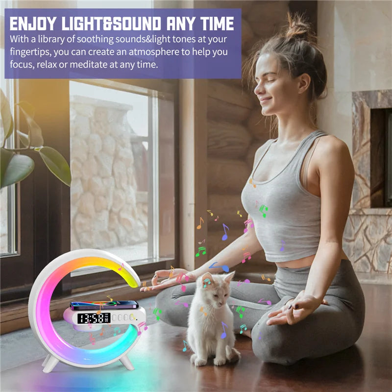 Wireless Charger Pad Stand Speaker TF Card RGB Night Light Lamp Alarm Clock Fast Charging Station Dock for iPhone Samsung Xiaomi