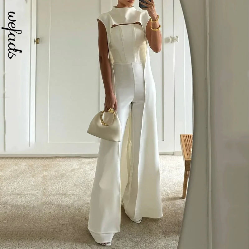 2 Piece Set Women Elegant Solid Sleeveless Round Neck Super Long Cape Top Nipped Waist Wide Legs Jumpsuit Sets Streetwear