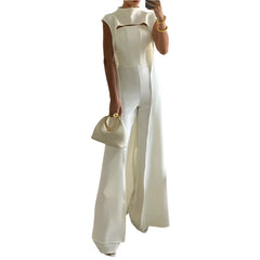 2 Piece Set Women Elegant Solid Sleeveless Round Neck Super Long Cape Top Nipped Waist Wide Legs Jumpsuit Sets Streetwear