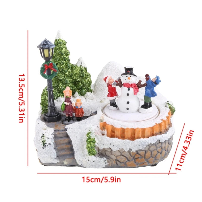 Christmas LED Light Musical Village Resin Ornament Revolving Snowman Tree Decor