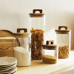 Glass Food Storage Tank with Wooden Lid Kitchen Coffee Beans Candy Tea Grains Canister