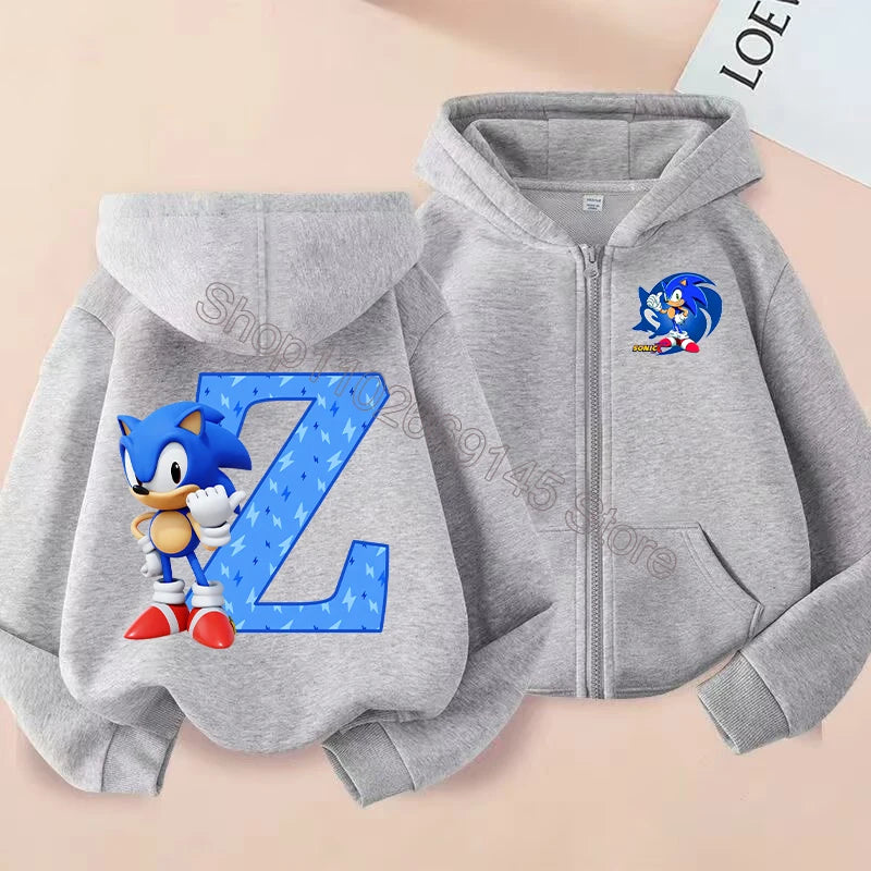 New Sonics Boys Zip-up Hoodies Kids Anime Hoodie Cartoon Letter Printed Tops Winter Warm Jacket Coat Autumn Children Clothing