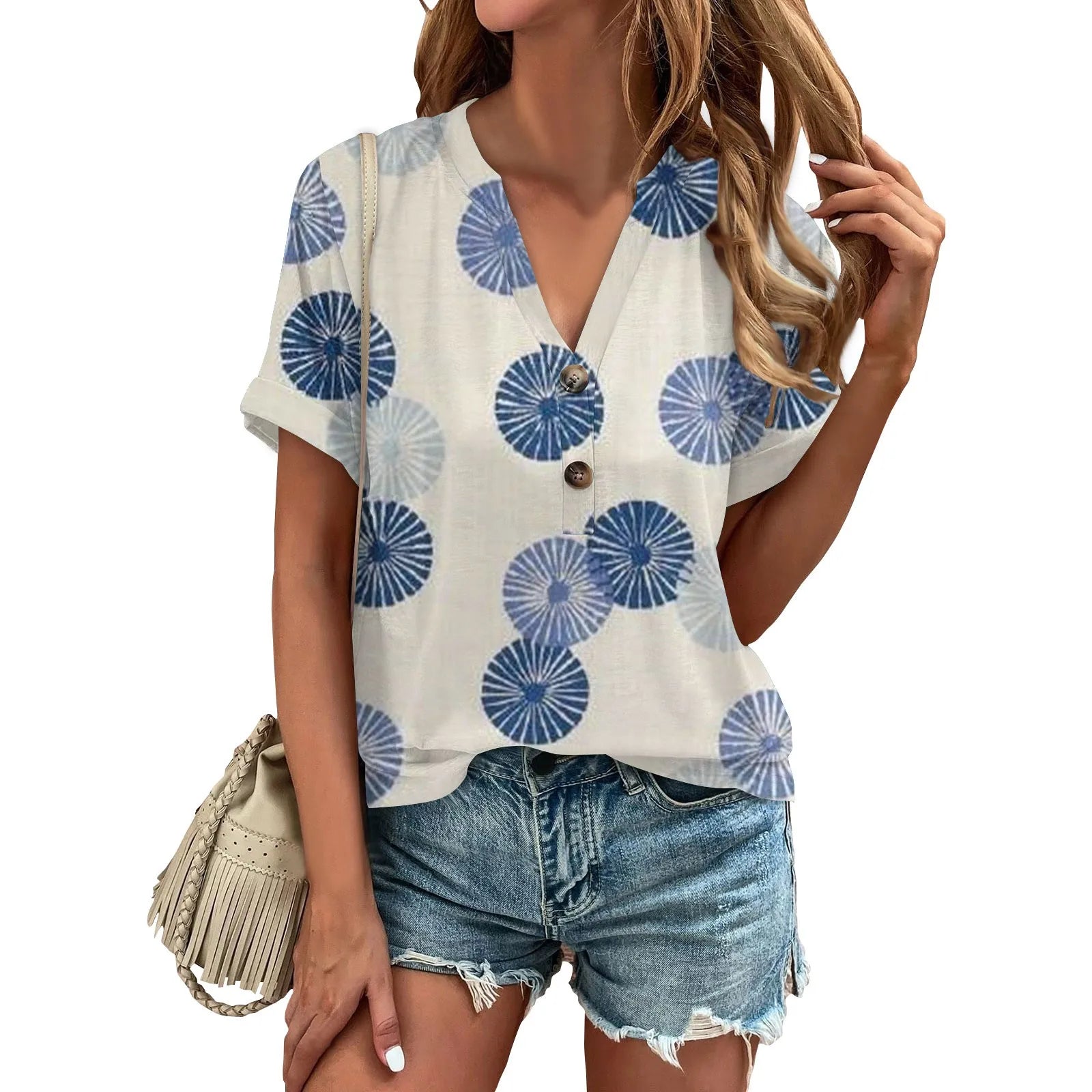 Fashion Floral Print Women's T-shirts V-neck Short Sleeve Tops Tees Casual Daily Beach Shirt Ladies T Shirt