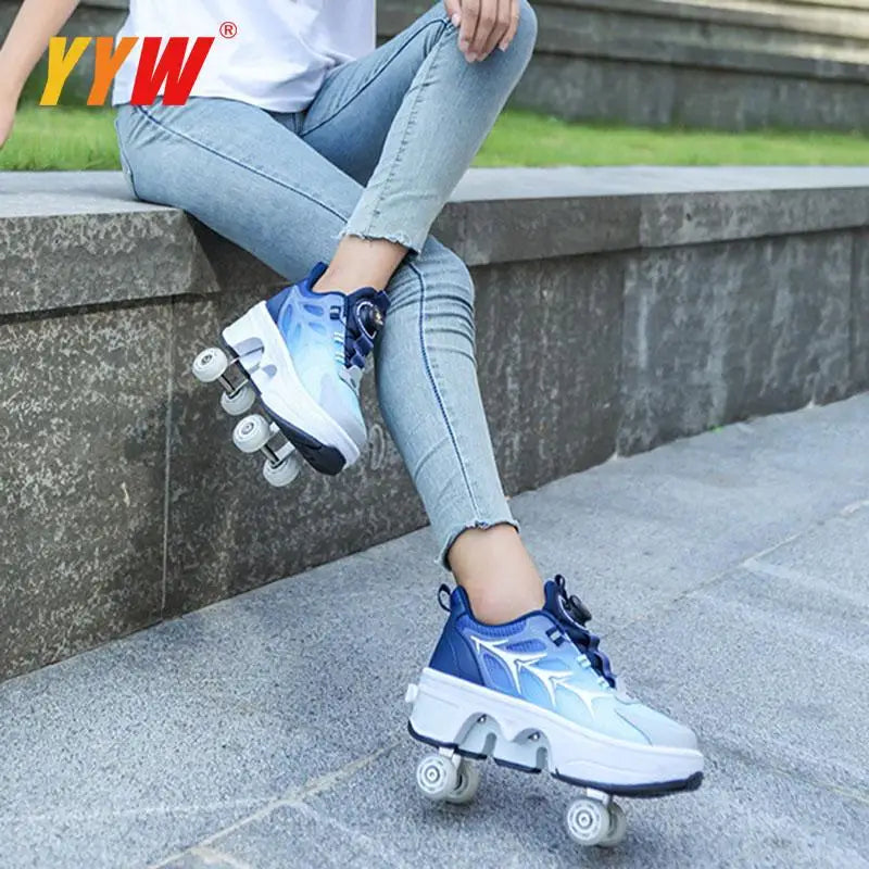 Four-Wheel Dual-Use Skating Shoes Double-Row Roller Student Men's Casual Sneakers Women's Men's Sport Walking Running Shoes