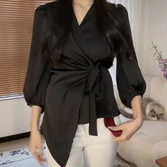 Spring French Style Niche Design Women's Top Slimming Purple Satin Blouse Waist-Fitted Shirt For Smooth Silhouette