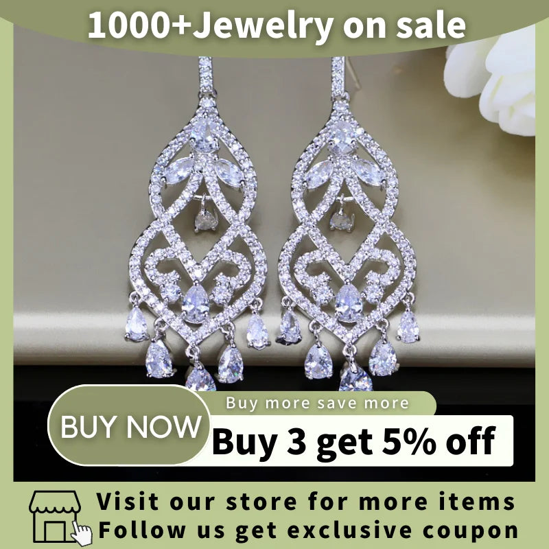 Women Jewelry Noble Green Cubic Zircon Long Drop Bridal Wedding Chandelier Earrings for Brides