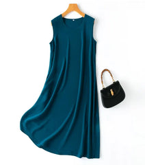 Women Slip Dress 100% Mulberry Silk Crepe Solid Colors Summer Sleeveless A-line Tank Dress