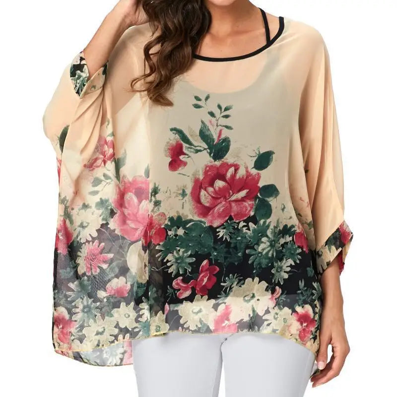 Women chiffon Blouse half Sleeve Beach shirt O-neck Loose summer floral print Casual Bohemian Boho Top