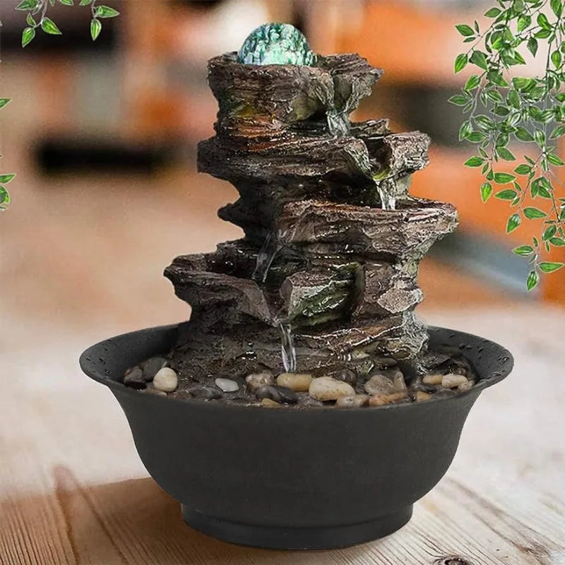 Water Fountain with Cascading Rock Waterfall and LED Lights for Office Home Décor