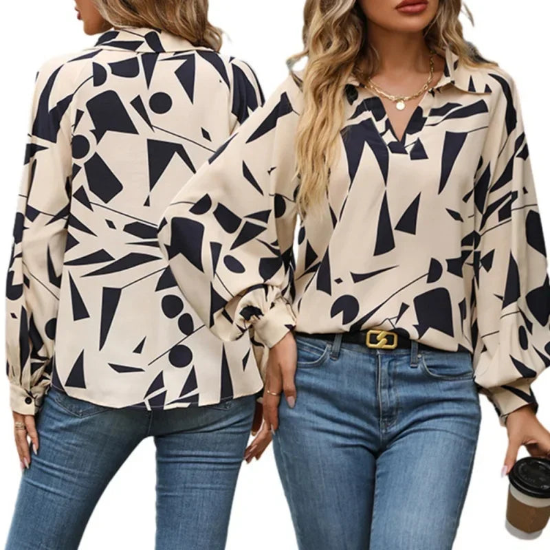 Women Ladies Floral Print Lapel V Neck Shirt Tops Casual Lantern Long Sleeve Loose Lightweight Tee Blouse