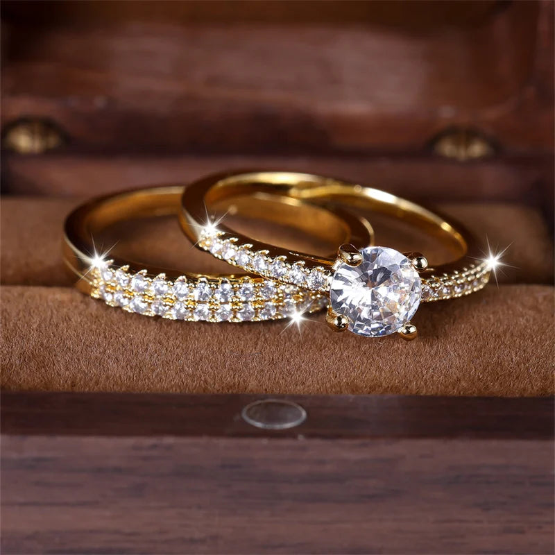 2pcs Female Round Gold Color White Zircon Stacking Couple Ring Set