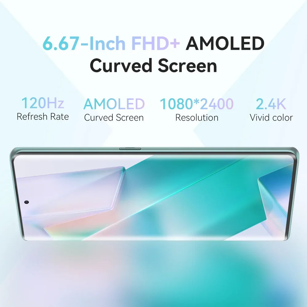 Smartphone 6.67" 120Hz AMOLED Curved Screen 24GB RAM(12+12)+256GB ROM Helio G99 100MP Camera NFC Smart Phone