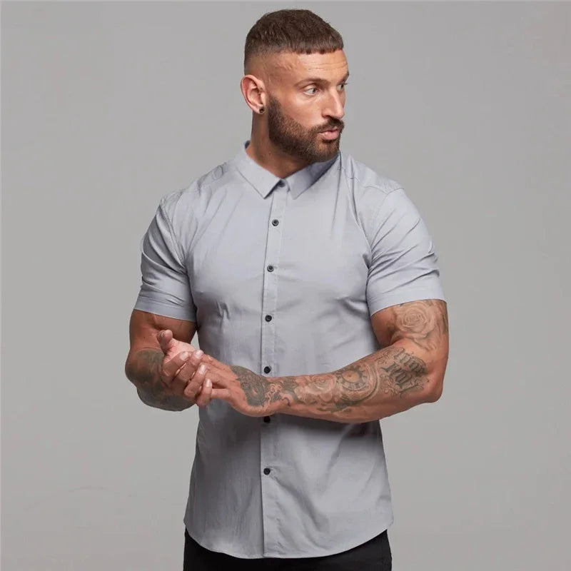 Men's Summer Business Shirt Short Sleeve Turn-down Collar Tuxedo Shirt Fashion Super Slim Fit Male Social Dress Shirt