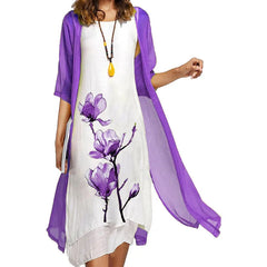 Europe and the United States summer new women's casual dress two-piece set of printed round neck slim dress women