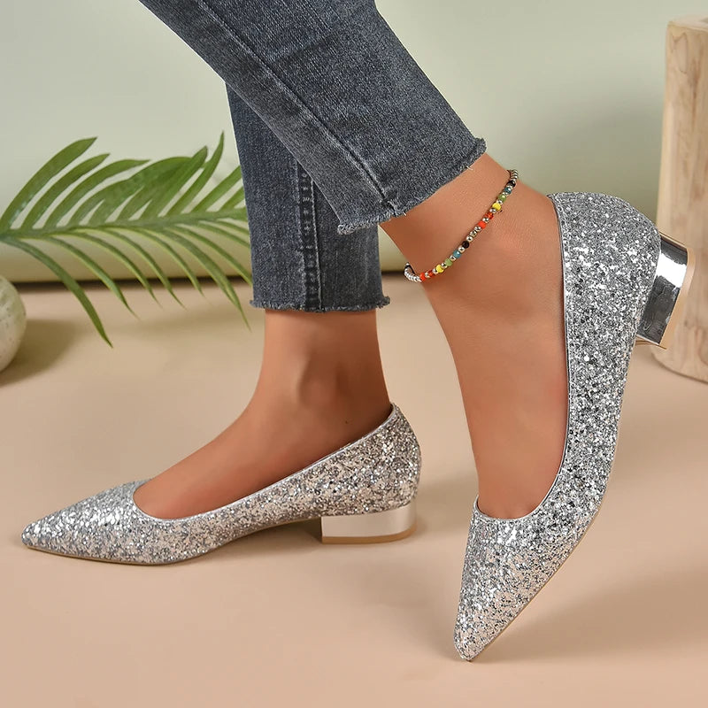 Silver Low Heels Pumps Women Autumn Shiny Sequins Pointed Toe Party Shoes