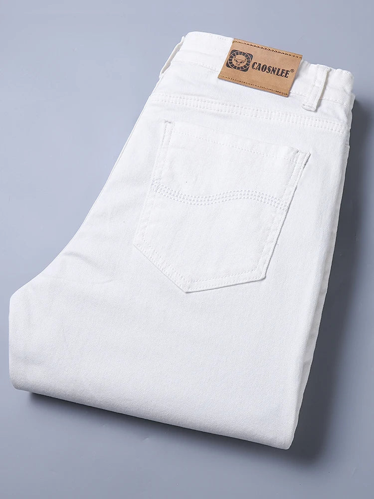 Autumn Classic Style Men's Slim White Jeans Business Casual Cotton Stretch Khaki Denim Pants