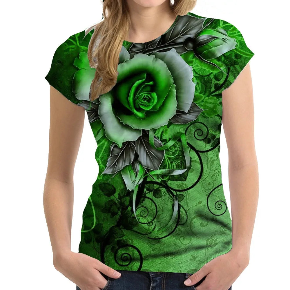 Women's Tshirts Rose Printed T Shirt Ladies Fashion Tee Shirt