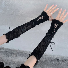 Women's Lace Fingerless Gloves Black Gothic DIY Shoulder Straps Sun Protection Sleeves Clothing Accessories