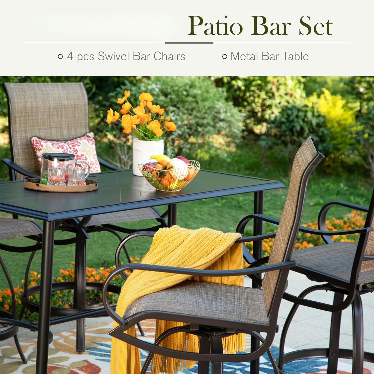 Patio Swivel Bar Set,Large Metal Table and Bar Chairs w/ Breathable Fabric,Black Thickened Frame &360 Degree Swivel Chairs