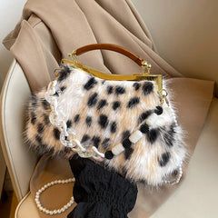 Winter Furry Evening Clutch Bag Designer Shell Handbag For Women Luxury Leopard Faux Fur Wedding Purse