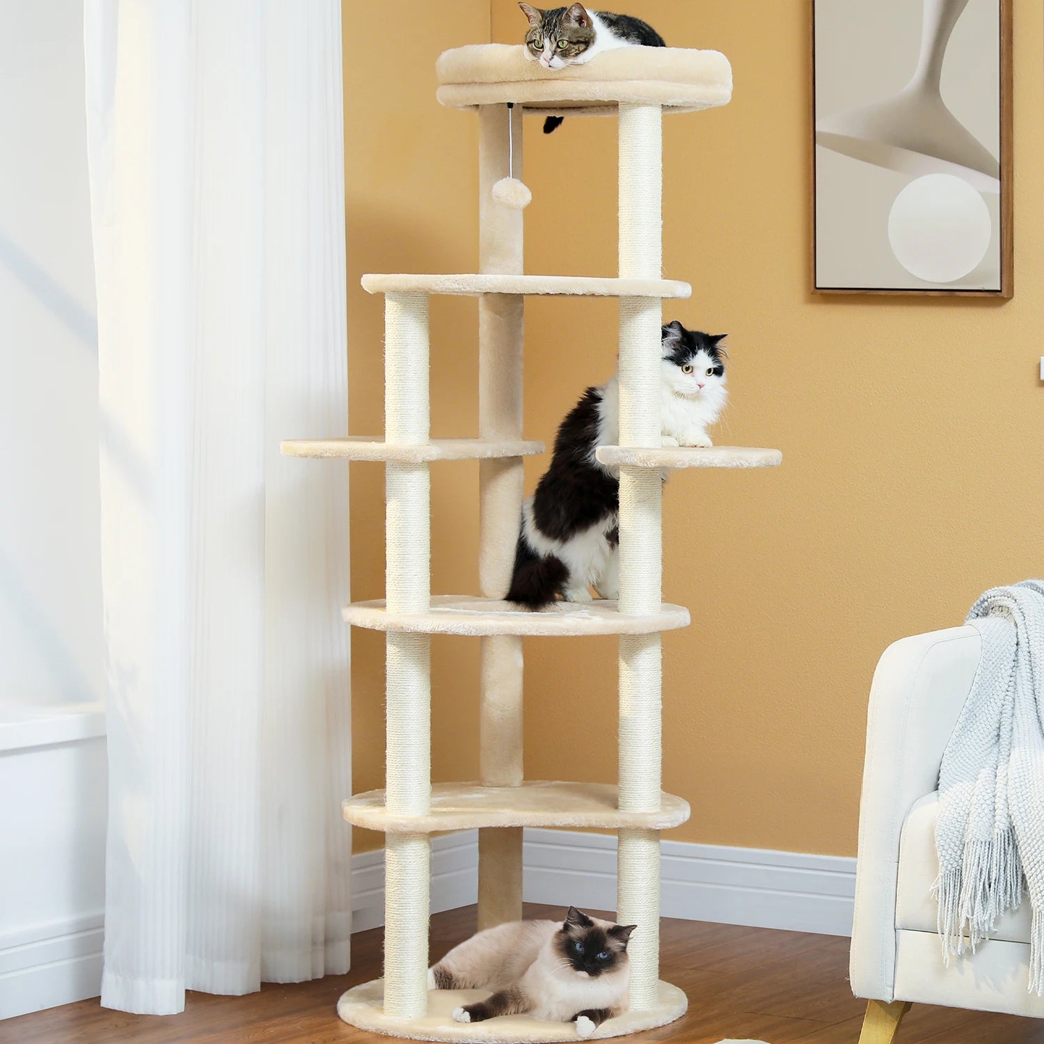 Tall Cat Tree for Indoor Cat 6-Levels Climbing Tower with 9 Scratching Post Wrapped in Natural Sisal Rope Large Top Perch