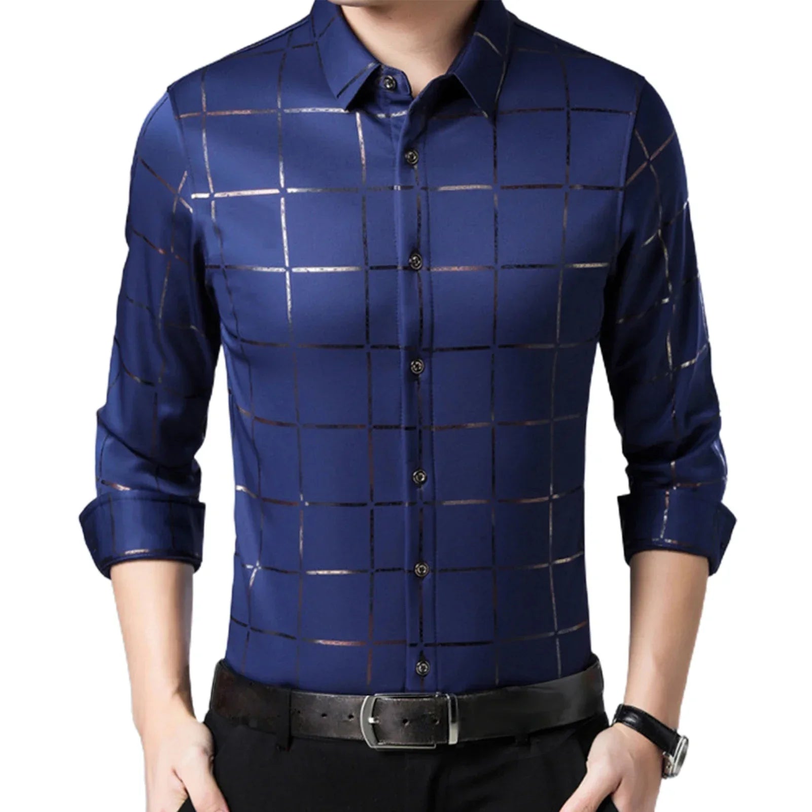 Men Shirt Plaid Print Turn down Collar Single breasted Formal Dress Shirt