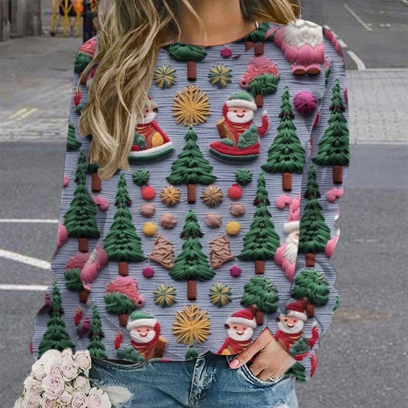 Christmas Women Cute Santa Claus Print Sweatshirts Snowman