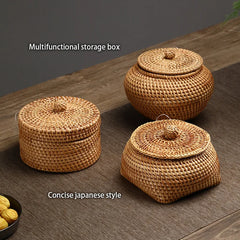 Handwoven Rattan Storage Box With Lid Candy Snack Jar Tea Food Container