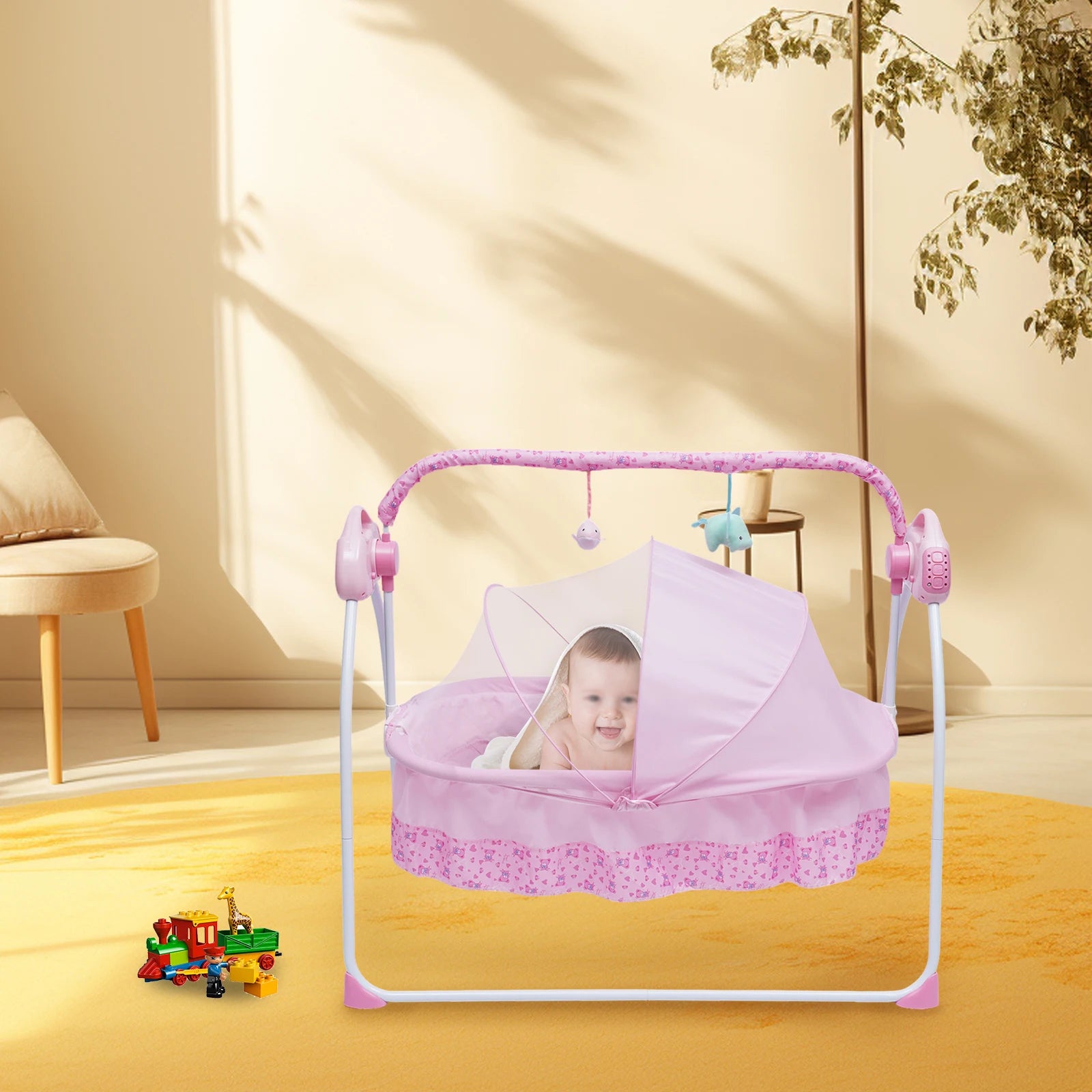 Electric Baby Crib Cradle Bluetooth Auto-Swing Rocking Bassinet Sleep Bed Infant Rocker+Net Adjustable Nursery Furniture