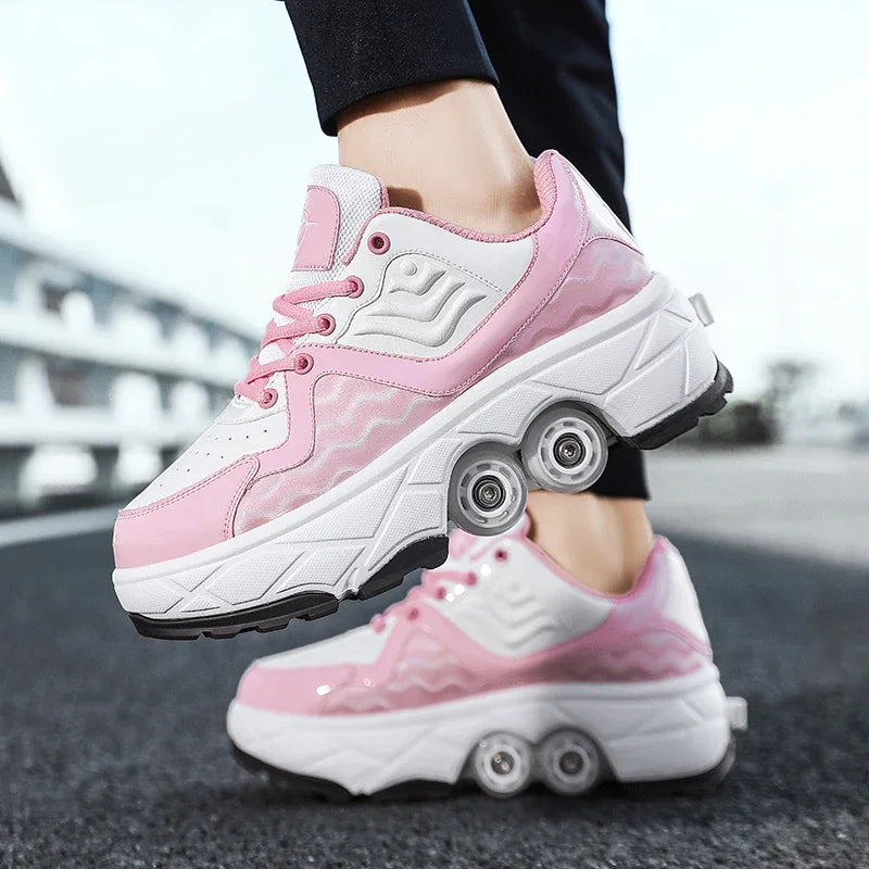 Child's 4-wheel Dual-purpose Roller Shoes Outdoor Kids Deformed Shoes With Wheels Fashion Parkour Sneakers For Girls From Gift