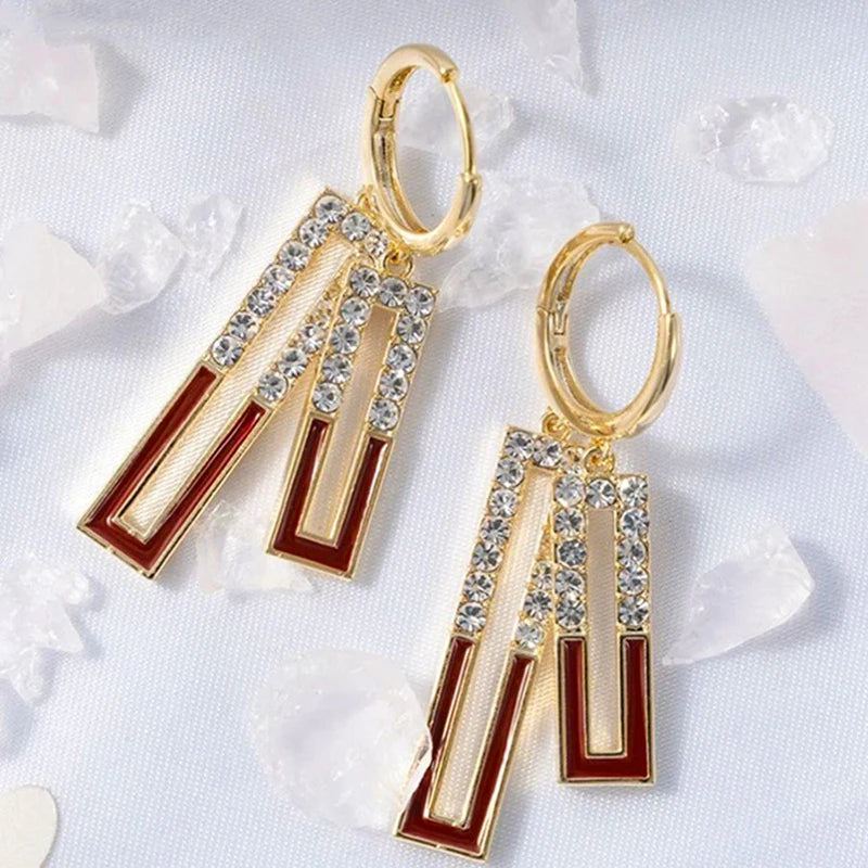 Fashion White Square Rhinestone Zircon Double Pendant Gold Color Earrings for Women Unique Design Girls Trend Jewelry Gift