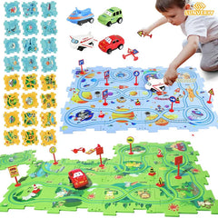 Puzzle Racer Kids Car Track Set Plastic Floor Puzzles for 3 4 5 6 Year Old Boys Montessori Toys Brain Toys