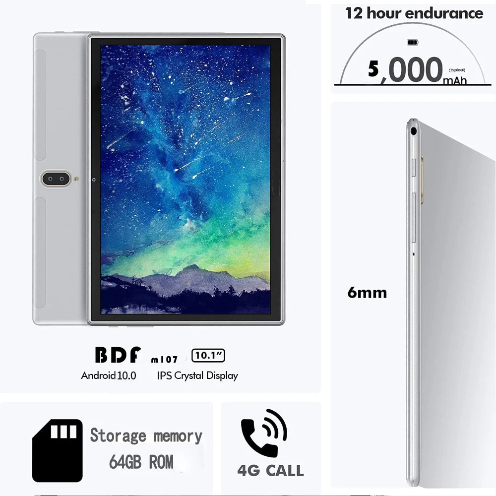 BDF 10.1-Inch IPS Display Tablet M107 4GB RAM 64GB ROM 5000mAh Battery 1280 * 800 Resolution Android 10.0 System WIFI+3G Network