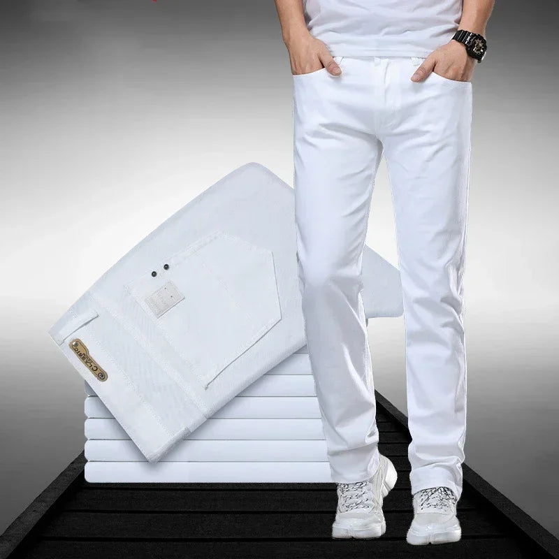 Classic Style Men's Regular Fit White Jeans Business Smart Fashion Denim Pants