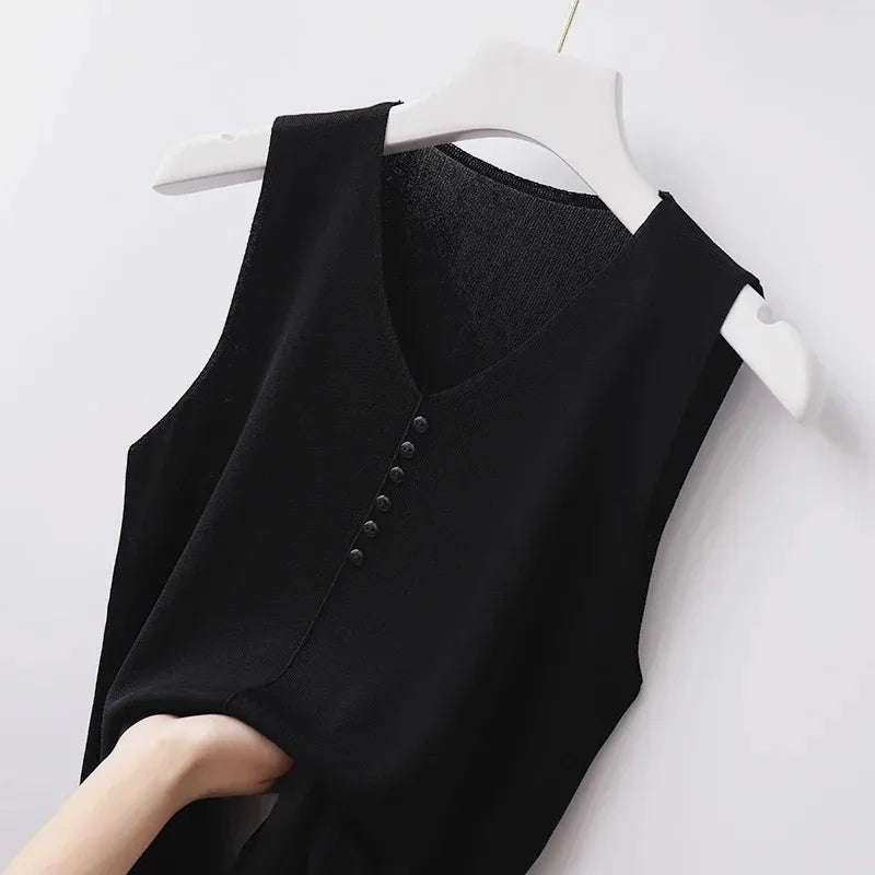 Sleeveless Knitted Vest for Women, Ice Silk, V-neck, Solid Color, Thin, Summer Tops