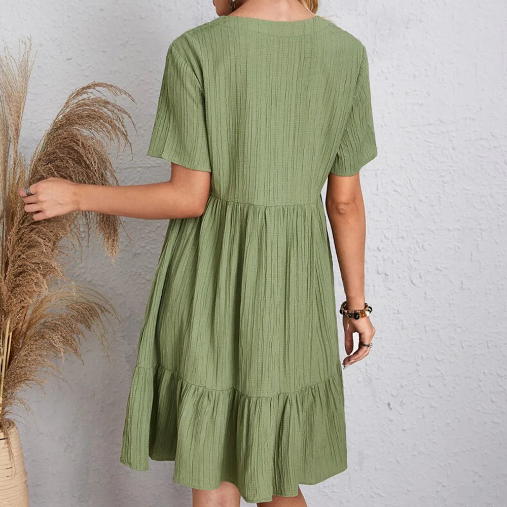 short sleeved waist tied flowing skirt wave wrinkled breathable wide pine hem V-neck dress