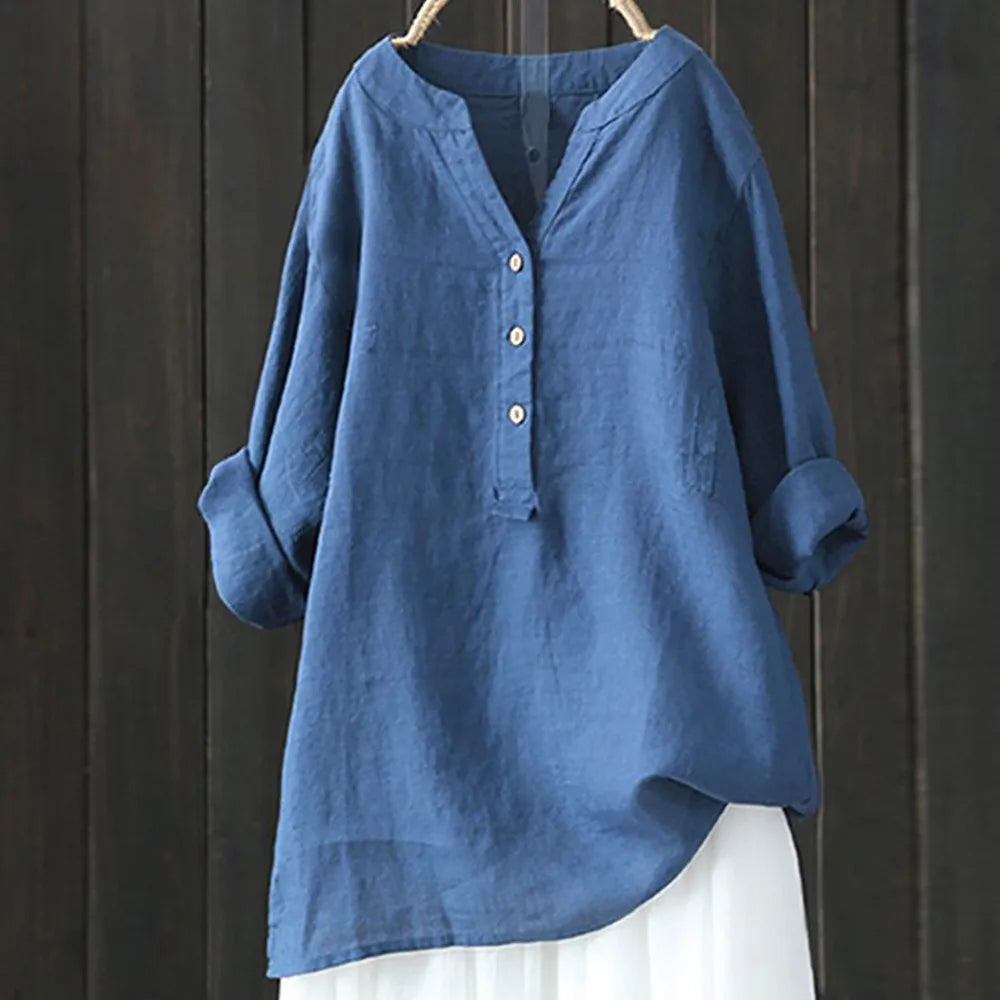 Cotton Linen Shirts Casual Loose Blouse Blended Oversize Long Sleeved V Neck Tops