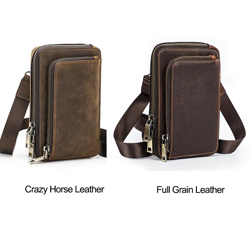 CONTACT'S Crazy Horse Leather Men Crossbody Bag Casual Waist Pack Fanny Belt Bag For Male Small Phone Pocket Shoulder Bags