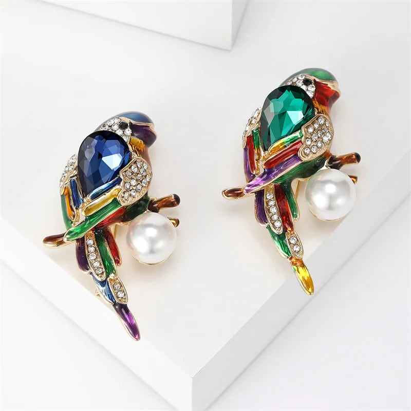 Fashion Animal Rhinestone Pearl Parrot Brooches Pins For Women Clothing Accessories