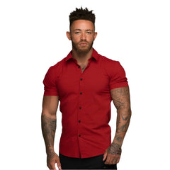 Summer Fashion Short Sleeve Shirt Men Solid Super Slim Fit Male Social Business Dress Shirt Brand Men Gym Fitness Sport Clothing