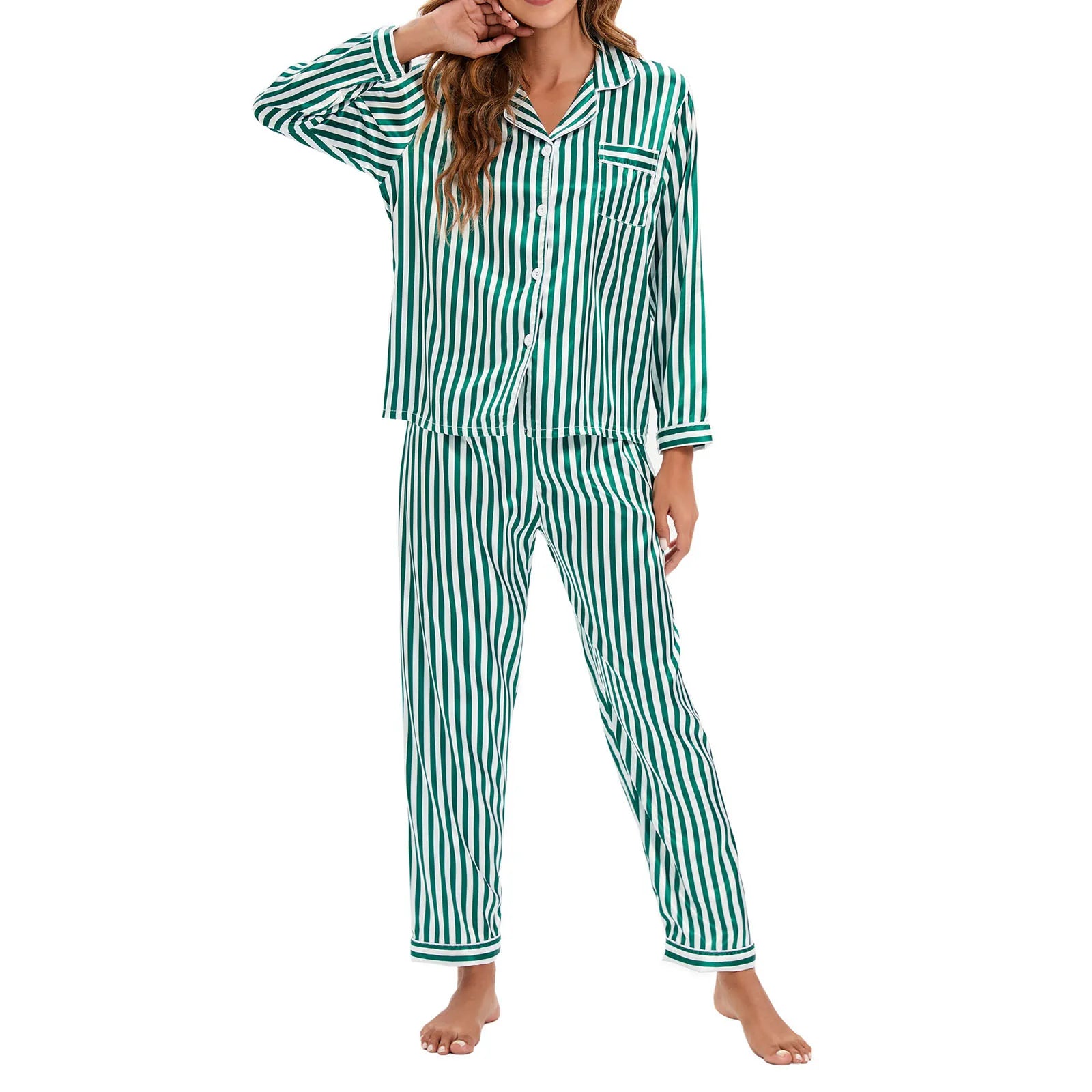 Women s Soft Button Down Pajama Sets Striped Satin Pajama Set 2-Piece Sleepwear Loungewear