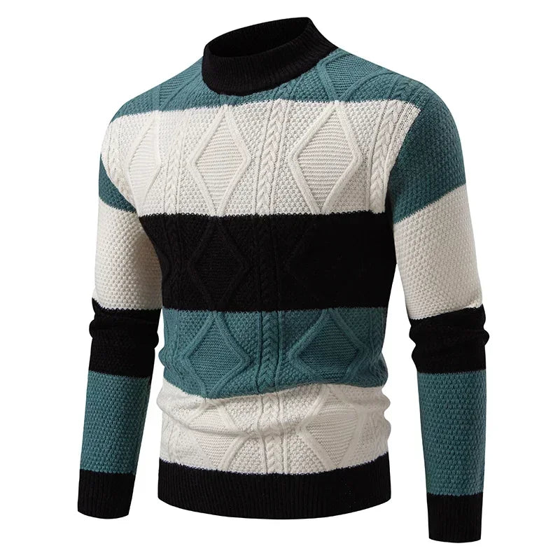 2024 High Quality Men's New Autumn and Winter Casual Warm Color Block Sweater Knit Tops