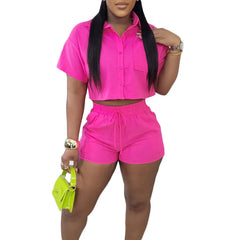 2 Pieces Set Fashion Women Set Spring Summer Female Solid Color Short Sleeve Shirt Tops And Elastic Waist Shorts Suit