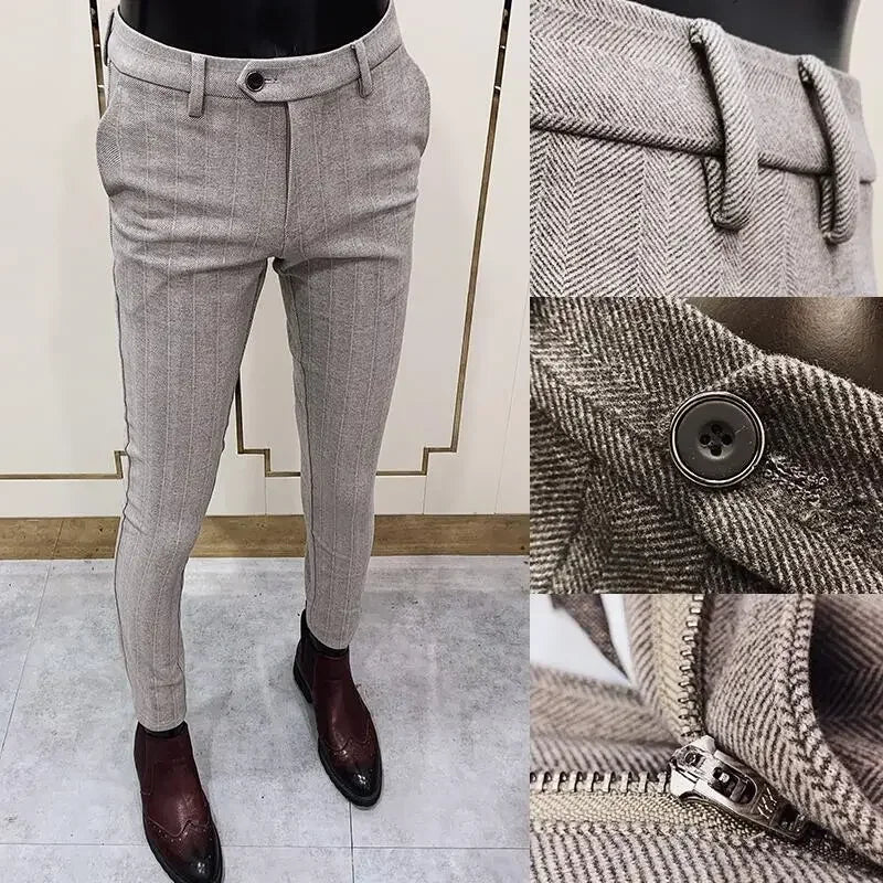 Autumn Winter Thickened Woolen Suit Pant High Quality Men Business Slim Striped Trousers Formal Wear Office Social Dress Pants