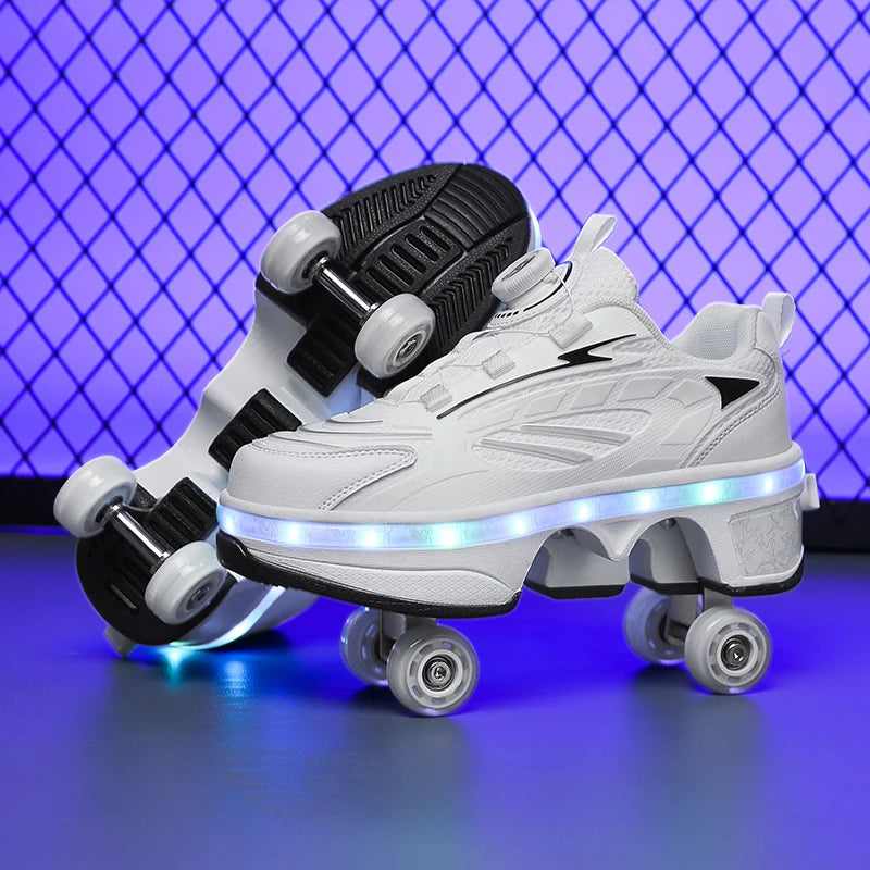 Double-Row Four-Wheel Roller Skating Shoes LED Flash Dual-Use Roller Shoes Men Women Casual Sneakers Sport Walking dog Shoes