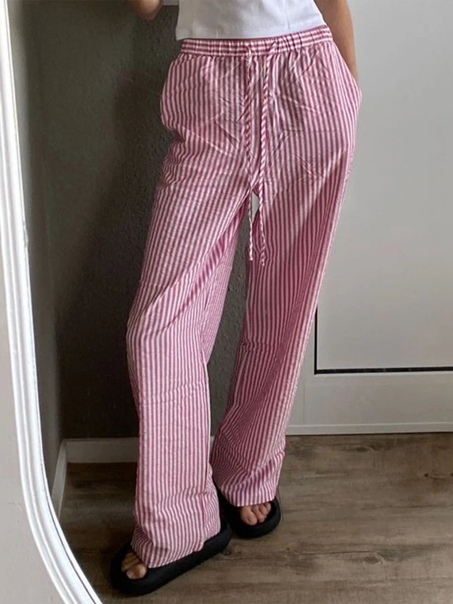 Women's Casual Stripe Print Pants Drawstring Elastic Waist Loose Straight Long Pants