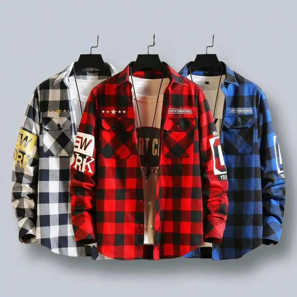 Plaid Shirt Print Men's Cardigan Coat Fall Winter Long Sleeve Formal Shirt