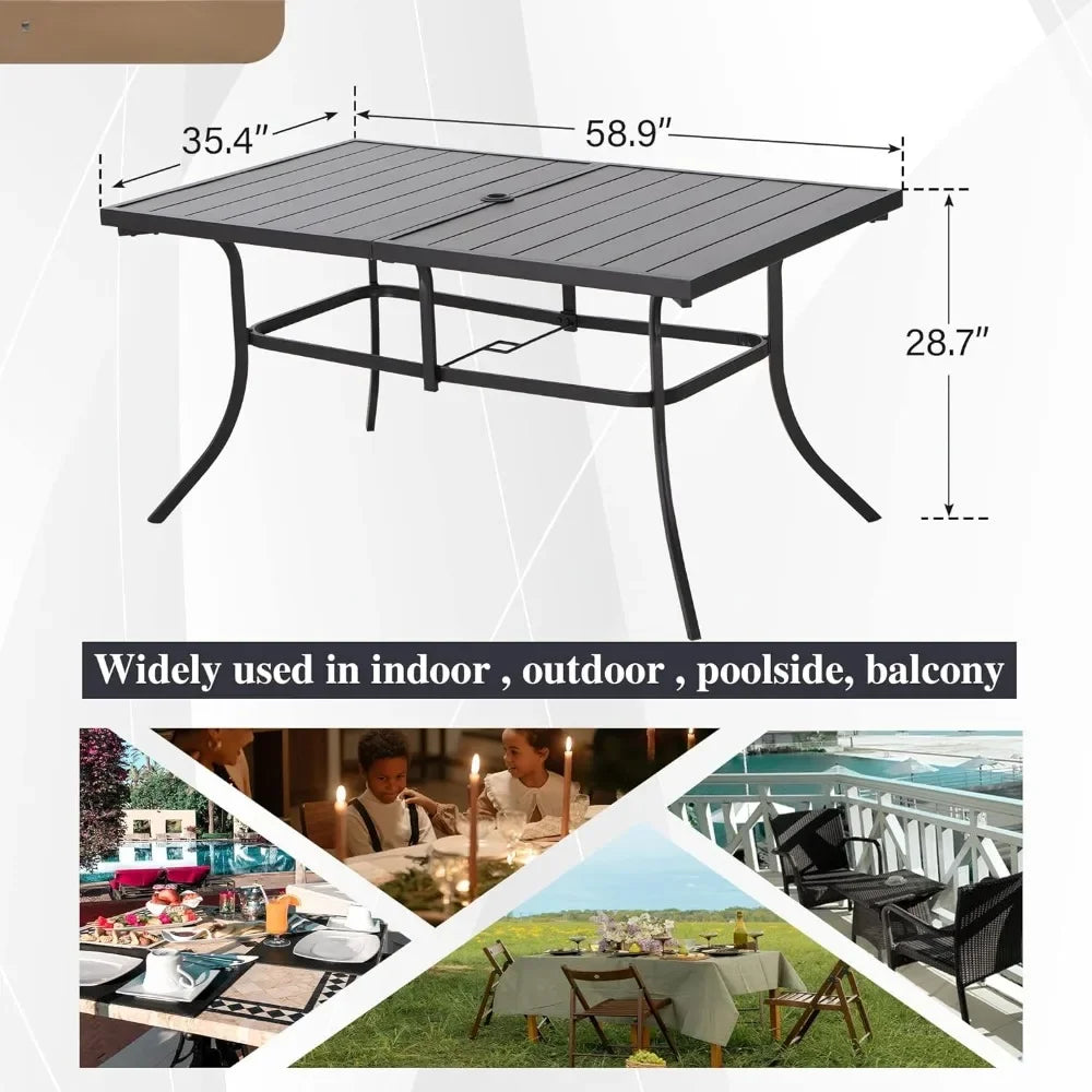 Rectangular Metal Patio Outdoor Dining Table, Black Steel Slatted Weather-Resistant Table